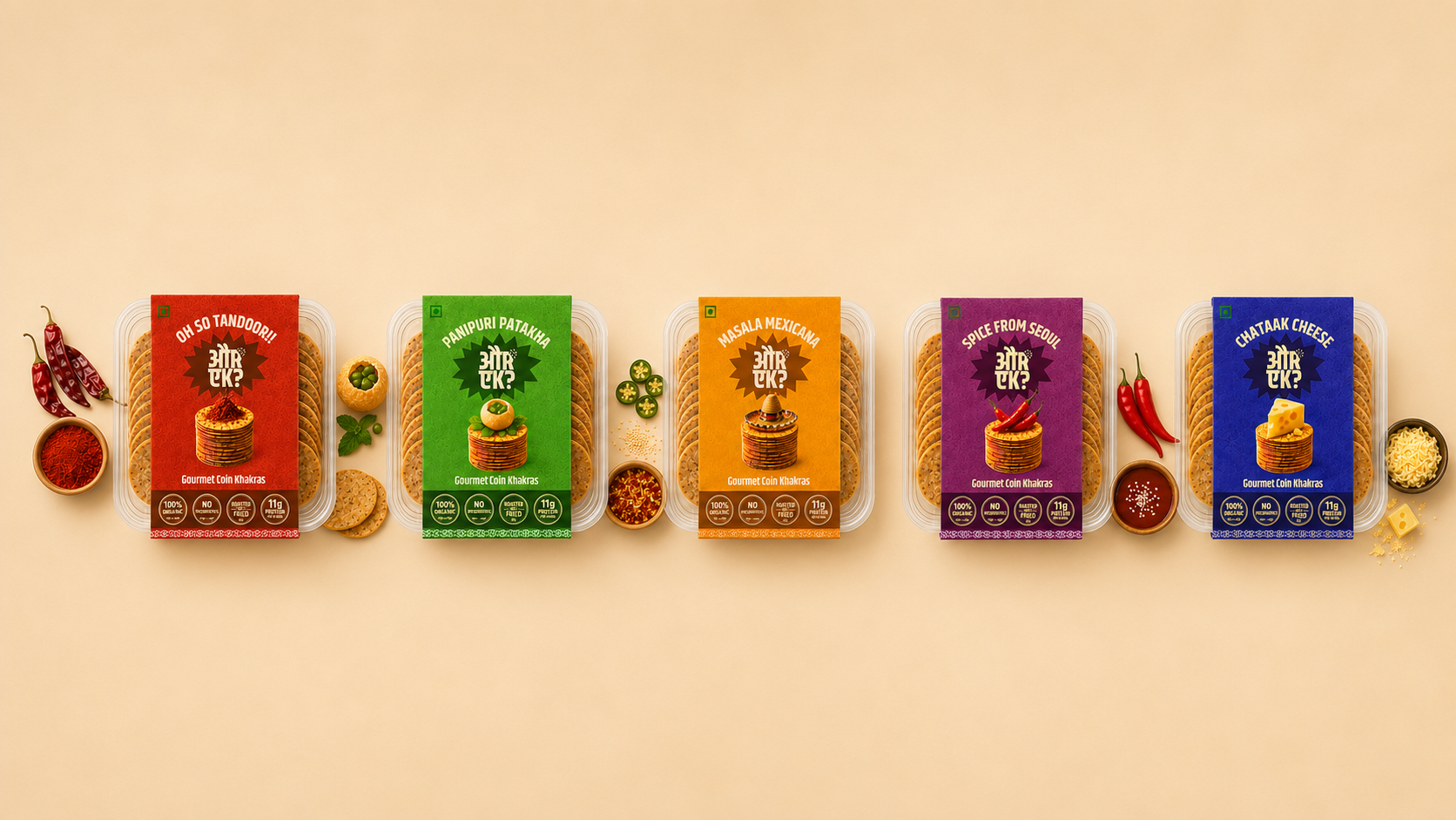 Aur Ek? gourmet coin khakras — five flavours arranged with their spices