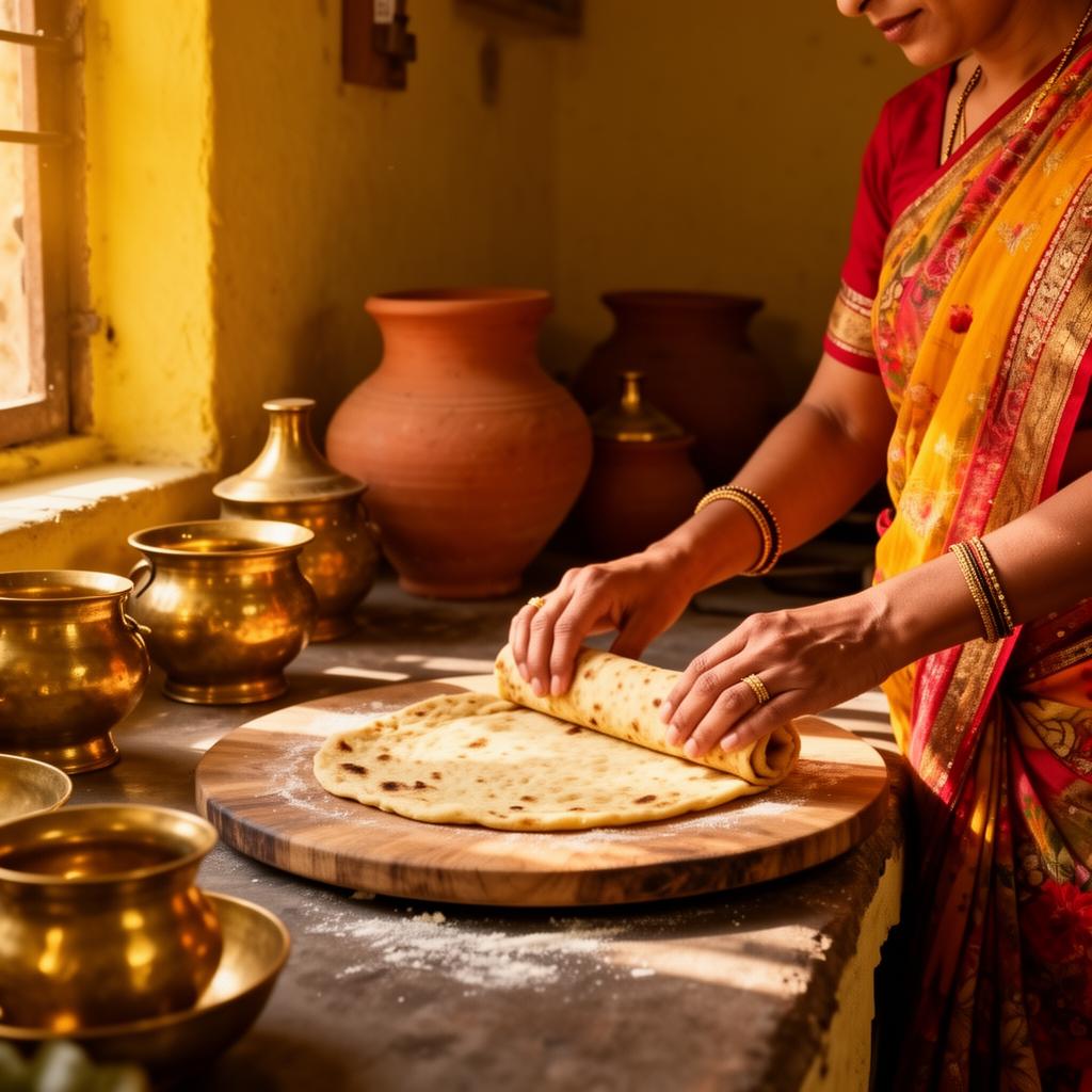 Hands rolling khakra dough in a traditional Indian kitchen